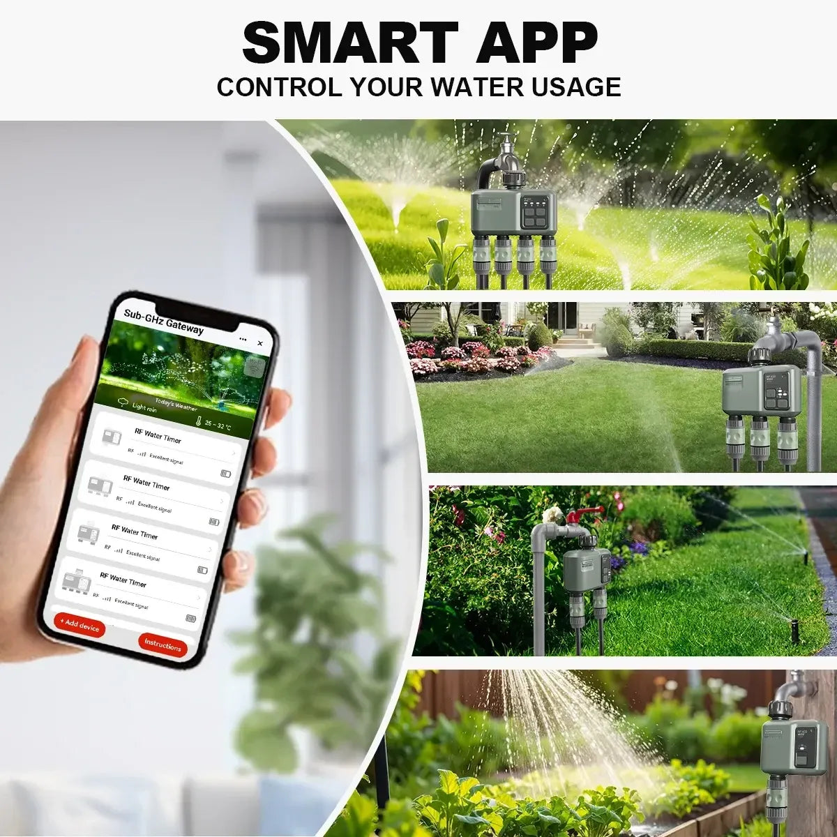 Montage promotionnel d’un programmateur d’arrosage connecté avec application smartphone affichant le contrôle de plusieurs zones, présenté dans différents jardins verts avec arrosage automatique et système extérieur installé sur tuyauterie.